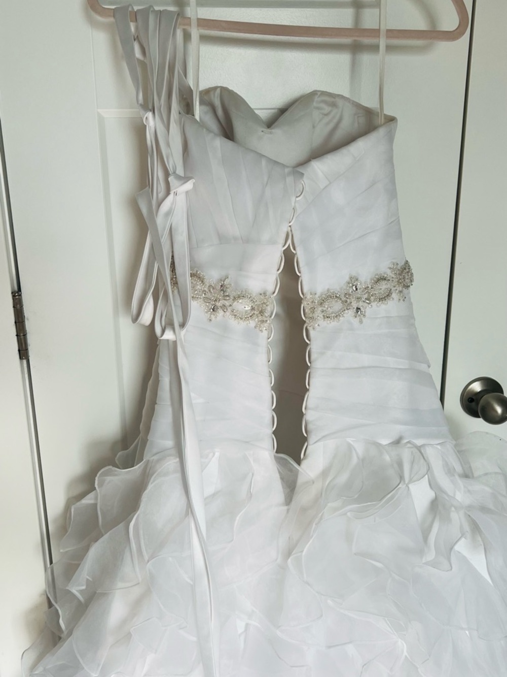 Romantic Strapless Ruffled White Wedding Gown with Beaded Waist - Picture 7 of 14